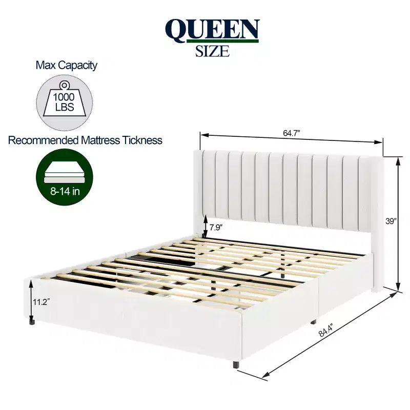 Lit plateforme en bois capitonné en boucle, grandeur Queen, avec tête de lit capitonnée