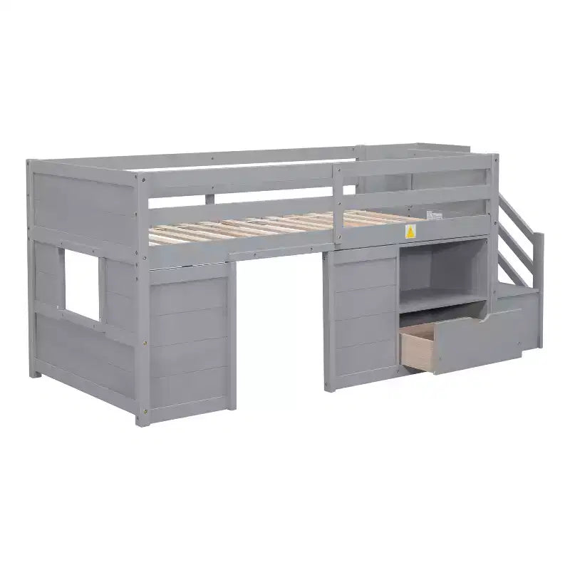 Lit mezzanine double en bois massif avec escalier et rangements, lits superposés bas double
