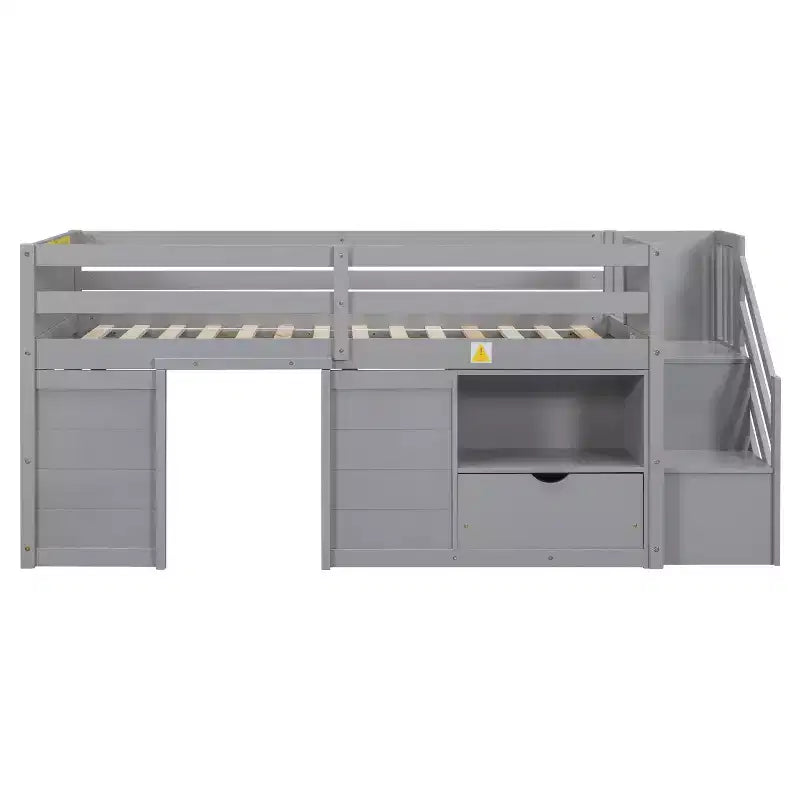 Lit mezzanine double en bois massif avec escalier et rangements, lits superposés bas double