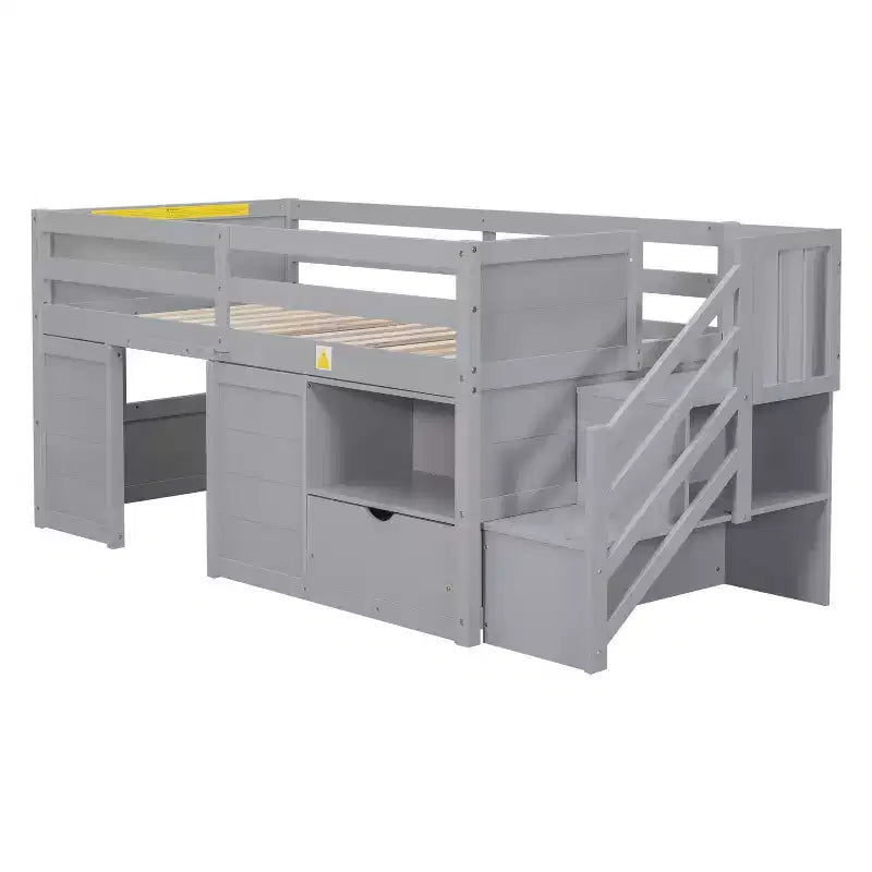 Lit mezzanine double en bois massif avec escalier et rangements, lits superposés bas double