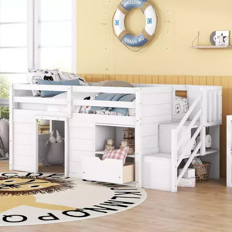 Lit mezzanine double en bois massif avec escalier et rangements, lits superposés bas double