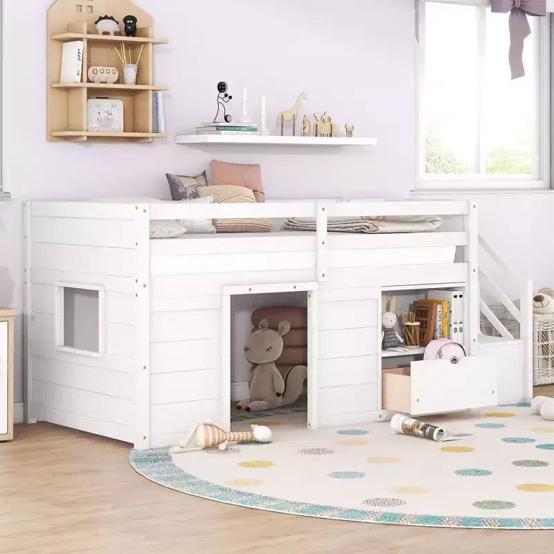 Lit mezzanine double en bois massif avec escalier et rangements, lits superposés bas double