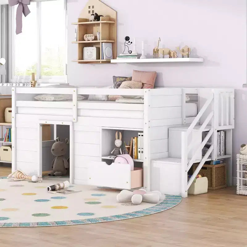Lit mezzanine double en bois massif avec escalier et rangements, lits superposés bas double