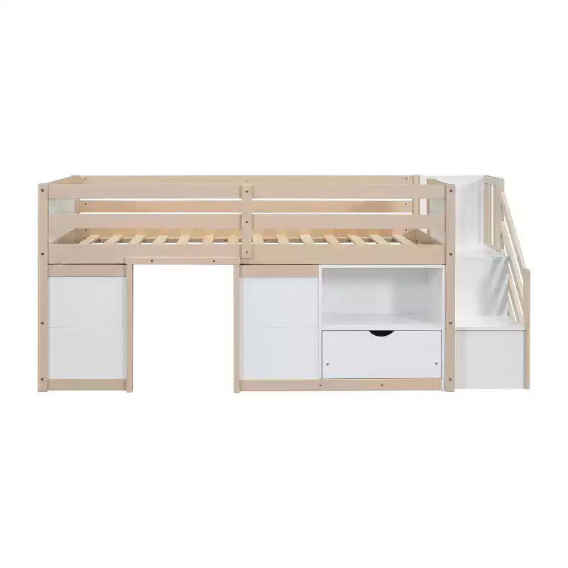 Lit mezzanine double en bois massif avec escalier et rangements, lits superposés bas double