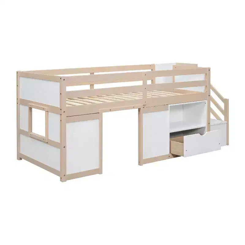 Lit mezzanine double en bois massif avec escalier et rangements, lits superposés bas double