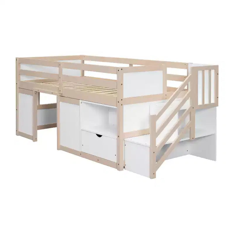 Lit mezzanine double en bois massif avec escalier et rangements, lits superposés bas double