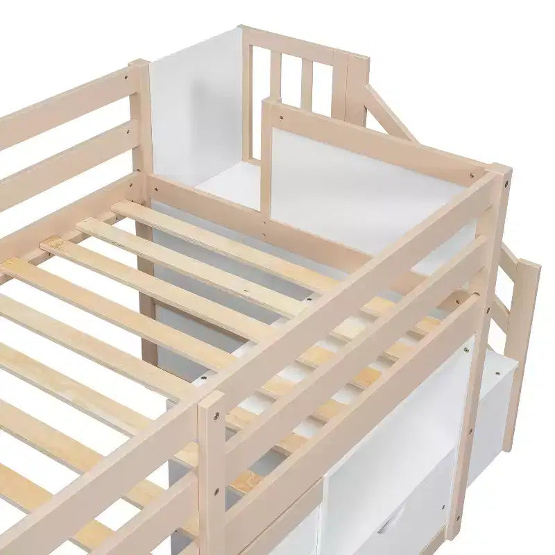 Lit mezzanine double en bois massif avec escalier et rangements, lits superposés bas double