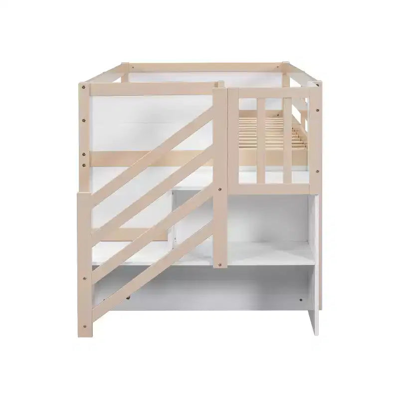 Lit mezzanine double en bois massif avec escalier et rangements, lits superposés bas double