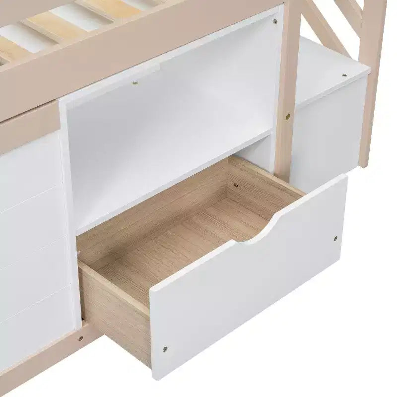 Lit mezzanine double en bois massif avec escalier et rangements, lits superposés bas double