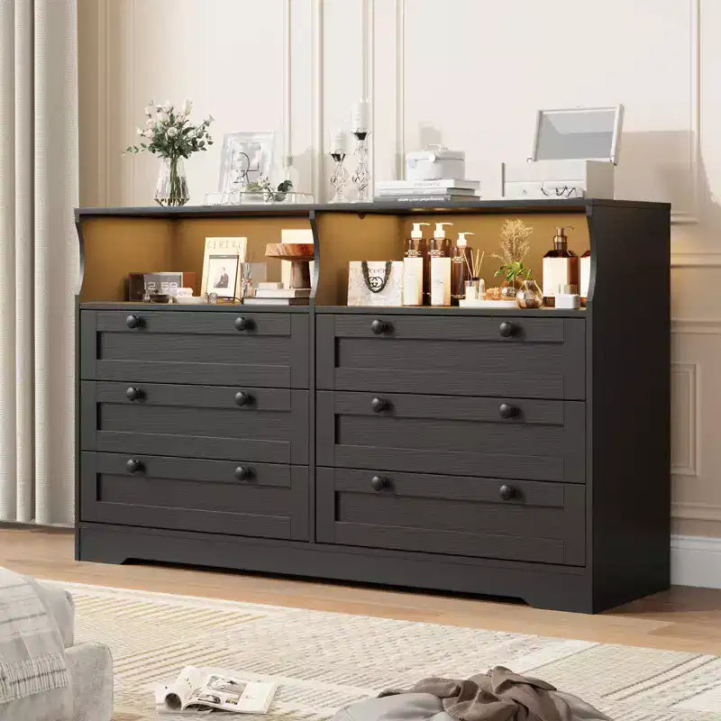 Commode 6 tiroirs en bois pour chambre à coucher avec lumière LED et grande capacité de rangement