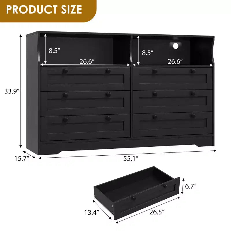 Commode 6 tiroirs en bois pour chambre à coucher avec lumière LED et grande capacité de rangement