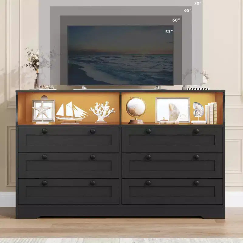 Commode 6 tiroirs en bois pour chambre à coucher avec lumière LED et grande capacité de rangement