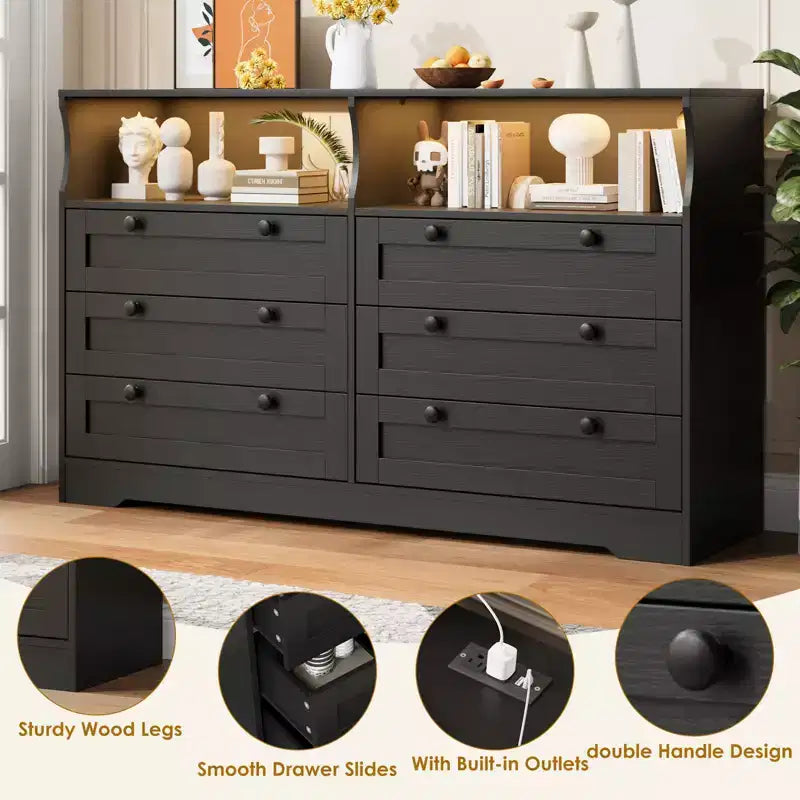 Commode 6 tiroirs en bois pour chambre à coucher avec lumière LED et grande capacité de rangement