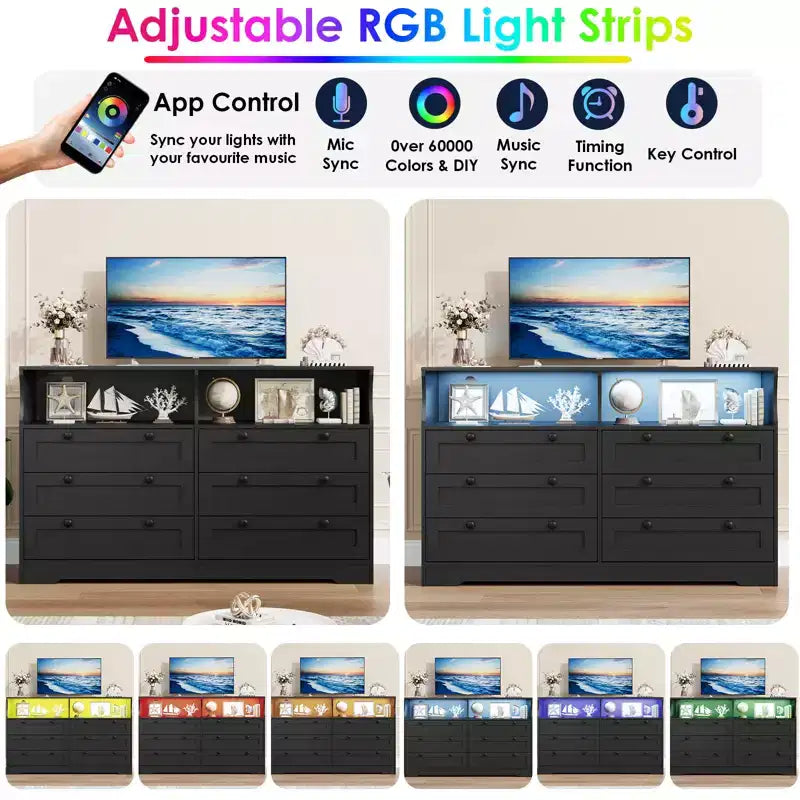 Commode 6 tiroirs en bois pour chambre à coucher avec lumière LED et grande capacité de rangement