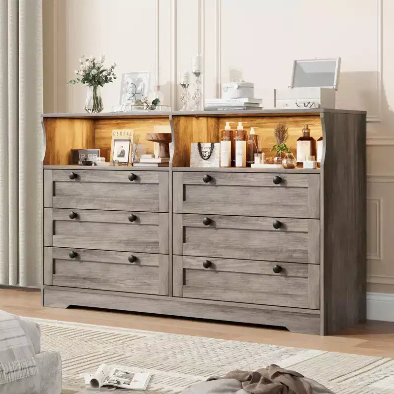 Commode 6 tiroirs en bois pour chambre à coucher avec lumière LED et grande capacité de rangement