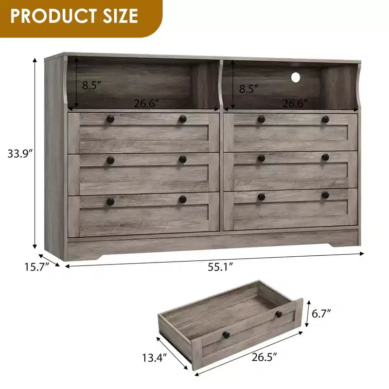 Commode 6 tiroirs en bois pour chambre à coucher avec lumière LED et grande capacité de rangement