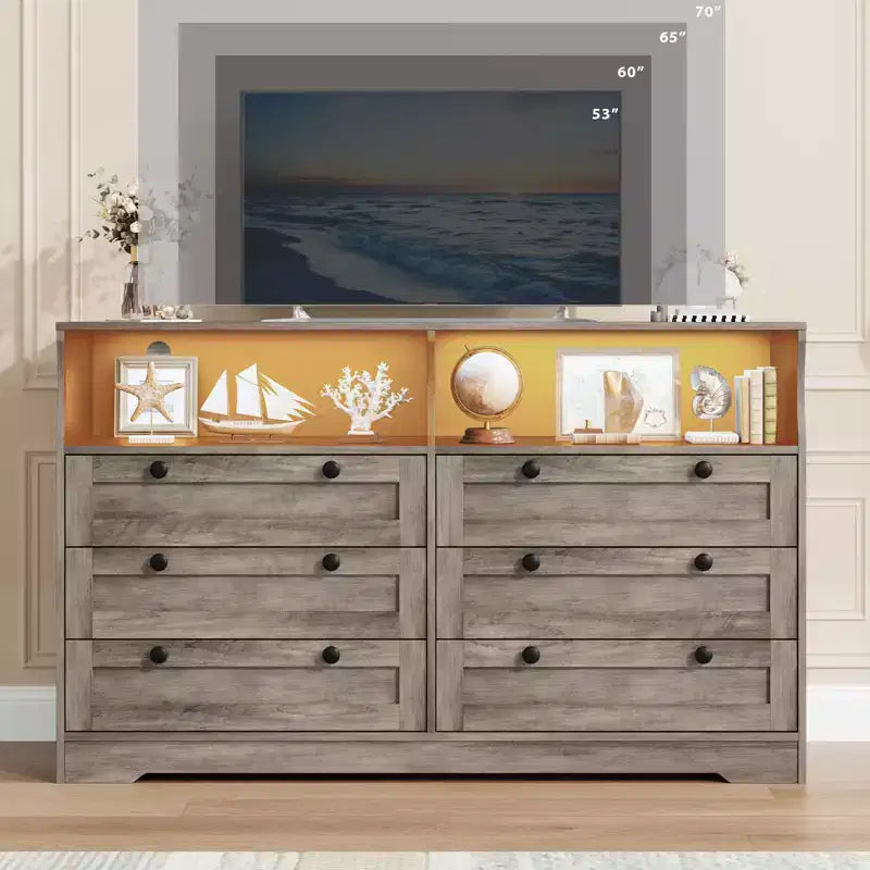 Commode 6 tiroirs en bois pour chambre à coucher avec lumière LED et grande capacité de rangement