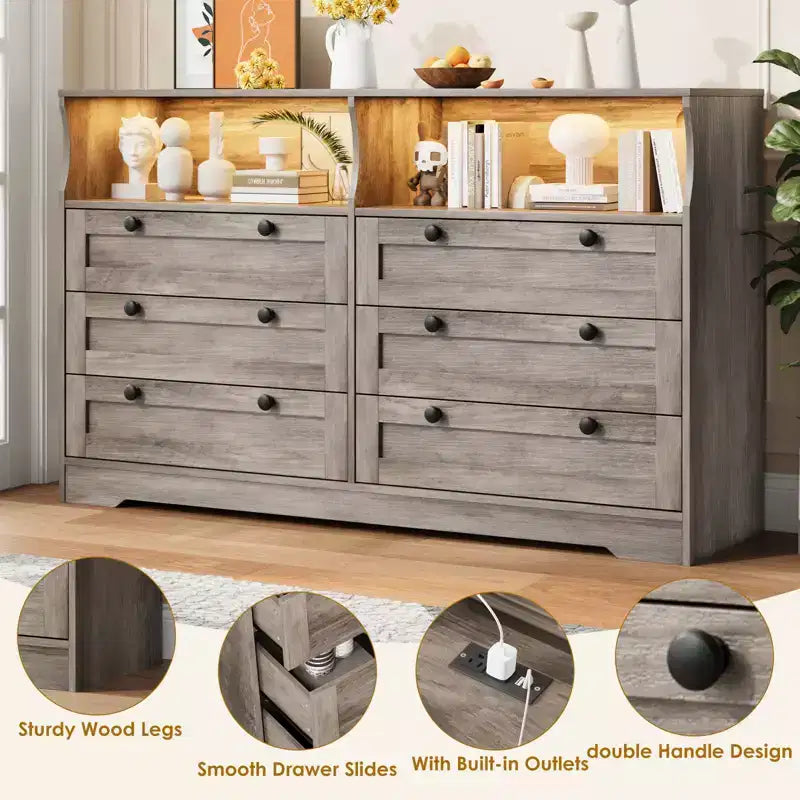 Commode 6 tiroirs en bois pour chambre à coucher avec lumière LED et grande capacité de rangement