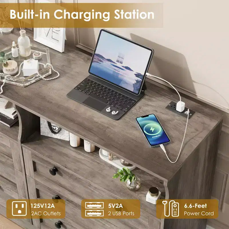 Commode 6 tiroirs en bois pour chambre à coucher avec lumière LED et grande capacité de rangement