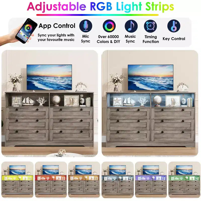 Commode 6 tiroirs en bois pour chambre à coucher avec lumière LED et grande capacité de rangement