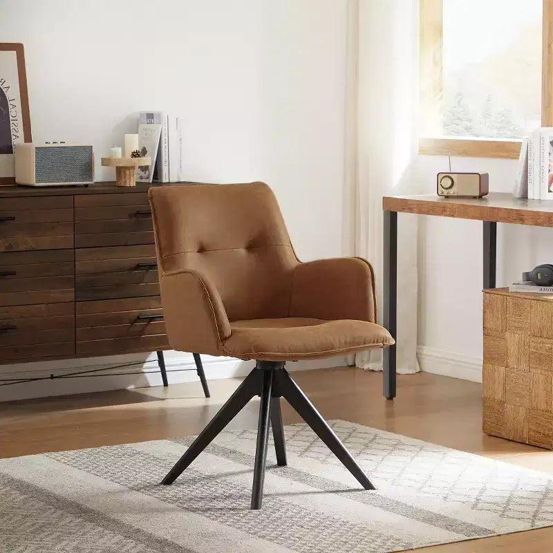 Fauteuils de bureau pivotants d'appoint en similicuir avec pieds en bois de chêne