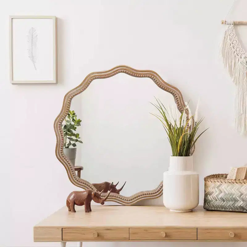 Miroir mural rond en bois ondulé Décor de ferme moderne Miroir festonné