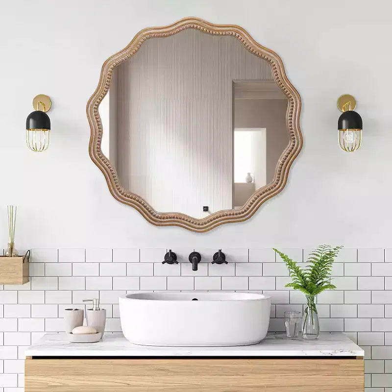 Miroir mural rond en bois ondulé Décor de ferme moderne Miroir festonné