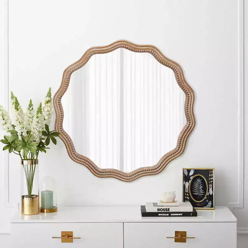 Miroir mural rond en bois ondulé Décor de ferme moderne Miroir festonné