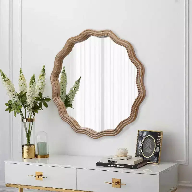 Miroir mural rond en bois ondulé Décor de ferme moderne Miroir festonné