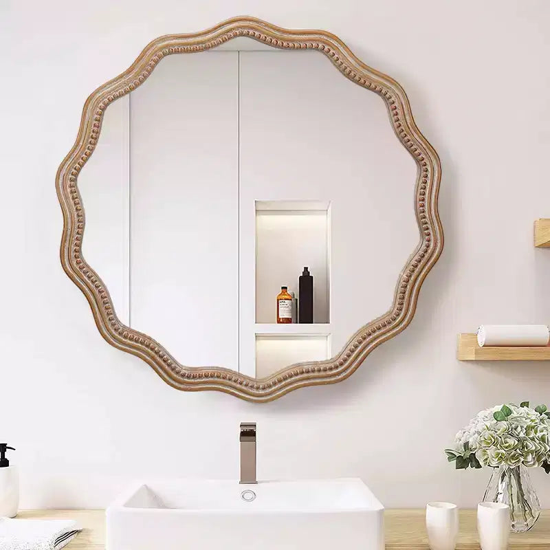 Miroir mural rond en bois ondulé Décor de ferme moderne Miroir festonné