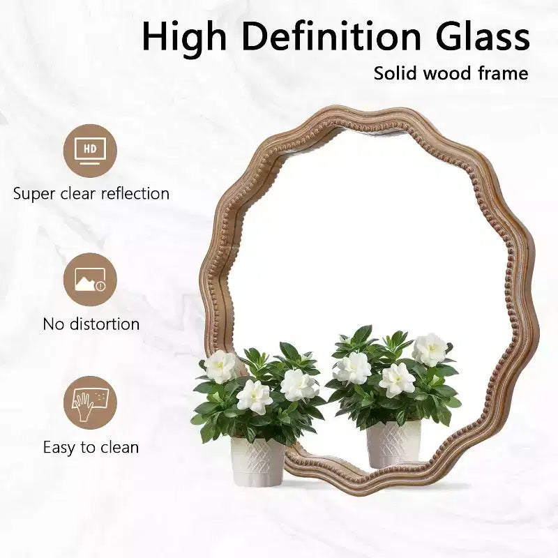 Miroir mural rond en bois ondulé Décor de ferme moderne Miroir festonné