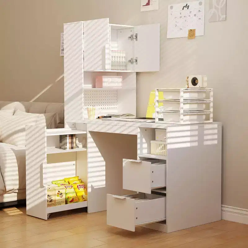 Famapy 61.4H White Office Desk with Hutch and Mobile Cabinet Computer Workstation Writing Table with Pegboard &amp; Locking Wheels