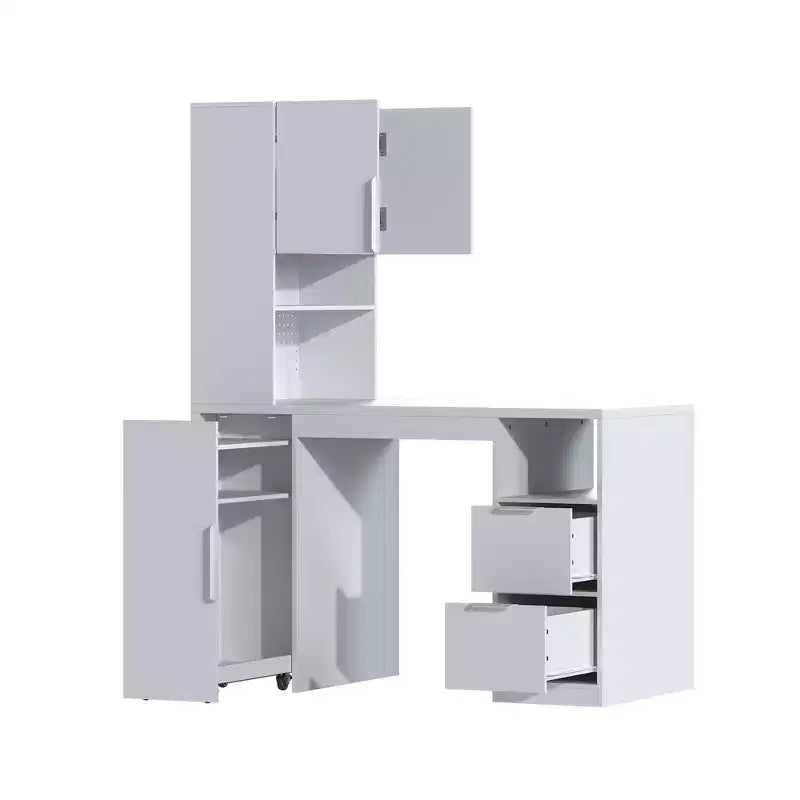 Bureau d'ordinateur blanc avec huche et caisson mobile