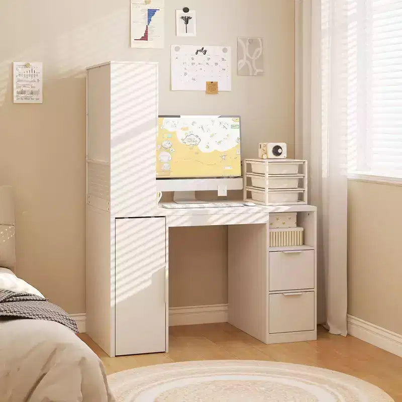 Bureau d'ordinateur blanc avec huche et caisson mobile