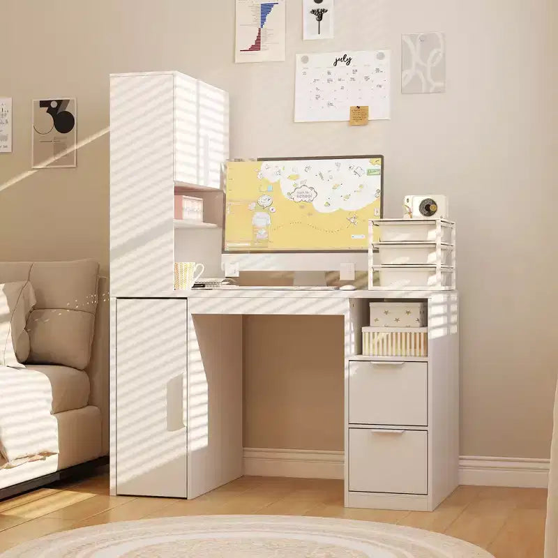 Bureau d'ordinateur blanc avec huche et caisson mobile