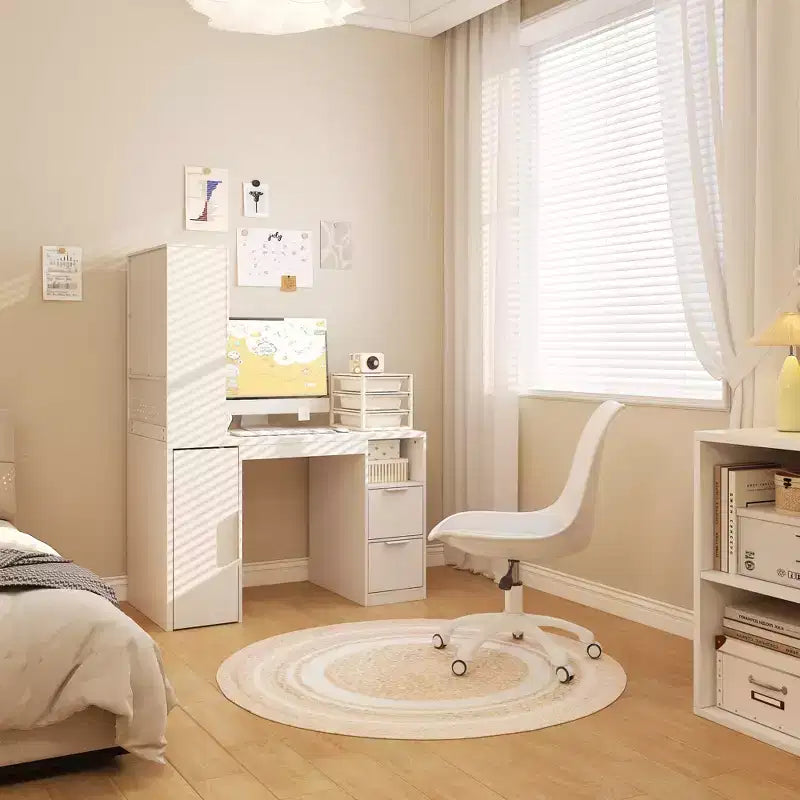 Bureau d'ordinateur blanc avec huche et caisson mobile