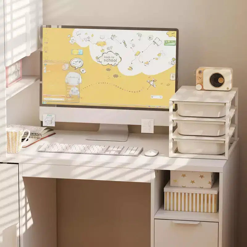 Bureau d'ordinateur blanc avec huche et caisson mobile