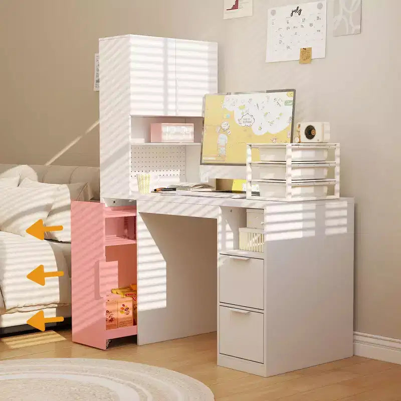 Bureau d'ordinateur blanc avec huche et caisson mobile