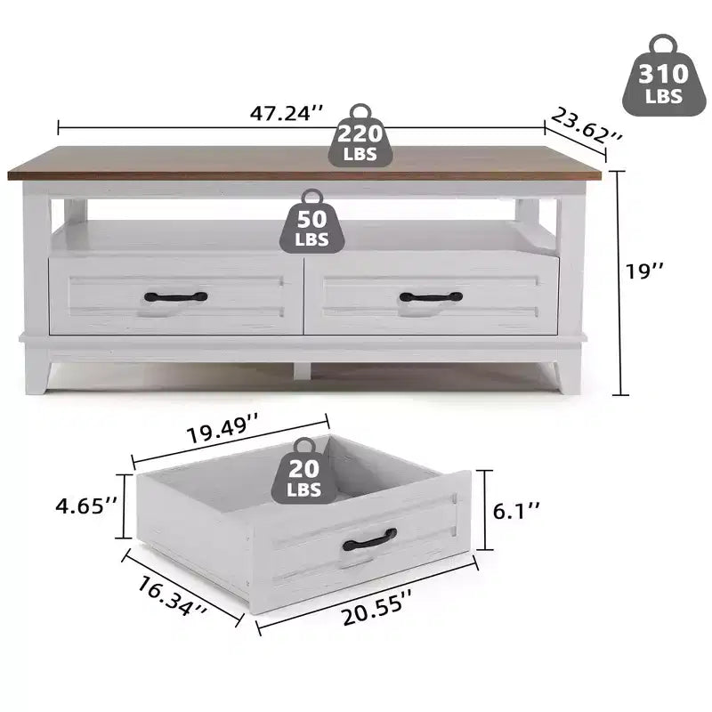 Table basse de ferme avec tiroirs, Table centrale rustique 47,2, Tables basses marron