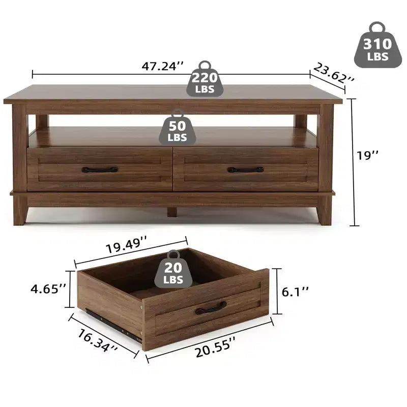 Table basse de ferme avec tiroirs, Table centrale rustique 47,2, Tables basses marron