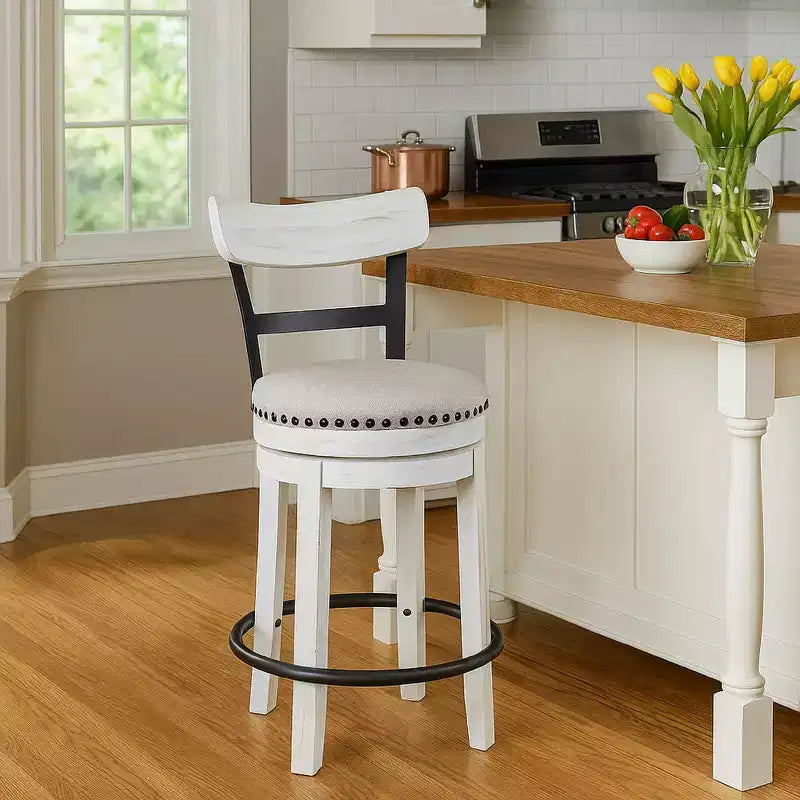 Tabouret de comptoir pivotant 24,5 po, garniture cloutée, dossier incurvé
