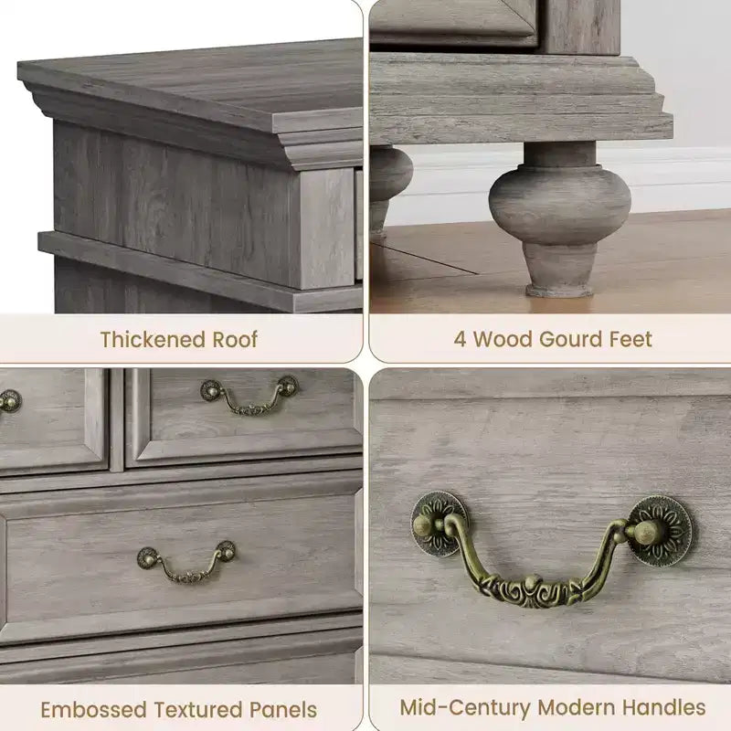 Commode en bois, commode à 9 tiroirs avec grande unité de rangement et poignées métalliques vintage
