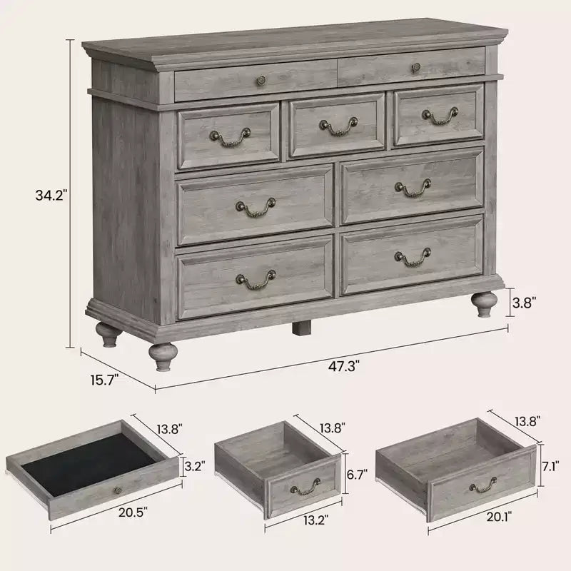 Commode en bois, commode à 9 tiroirs avec grande unité de rangement et poignées métalliques vintage