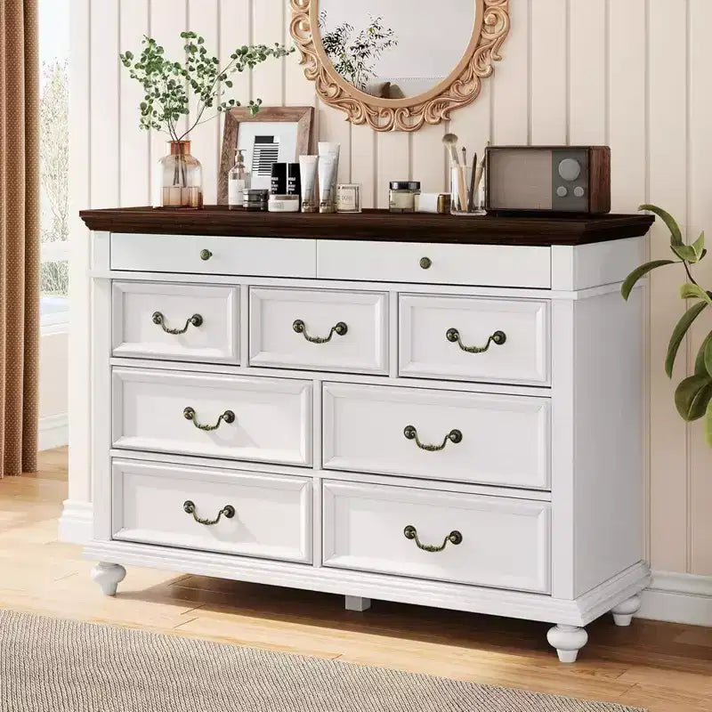 Commode en bois, commode à 9 tiroirs avec grande unité de rangement et poignées métalliques vintage