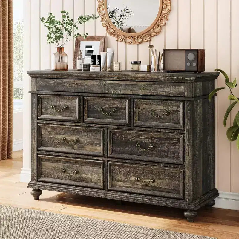Commode en bois, commode à 9 tiroirs avec grande unité de rangement et poignées métalliques vintage