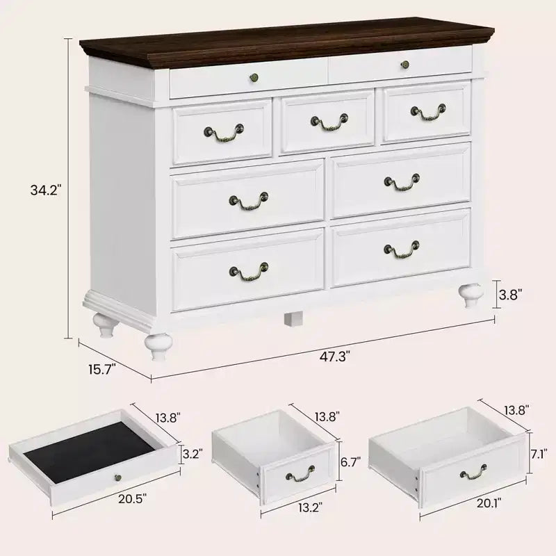 Commode en bois, commode à 9 tiroirs avec grande unité de rangement et poignées métalliques vintage
