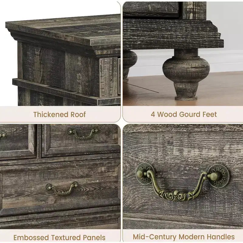 Commode en bois, commode à 9 tiroirs avec grande unité de rangement et poignées métalliques vintage