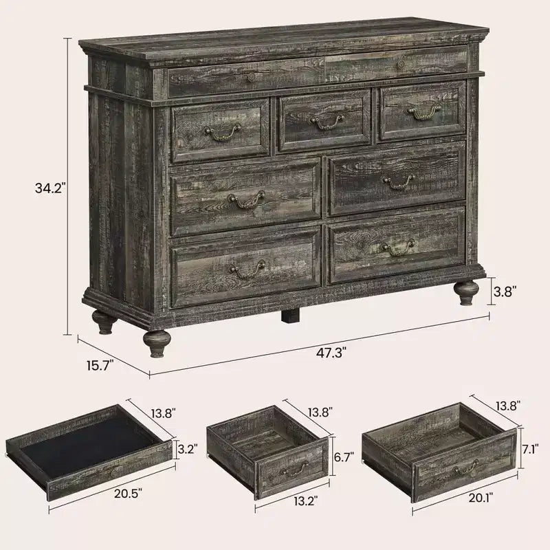 Commode en bois, commode à 9 tiroirs avec grande unité de rangement et poignées métalliques vintage