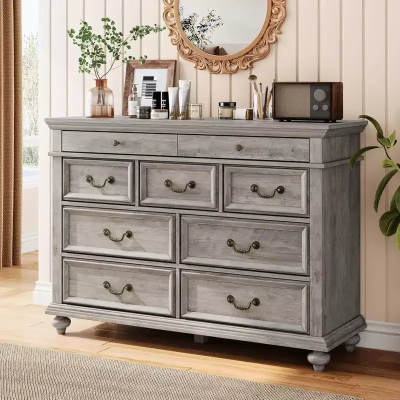 Commode en bois, commode à 9 tiroirs avec grande unité de rangement et poignées métalliques vintage