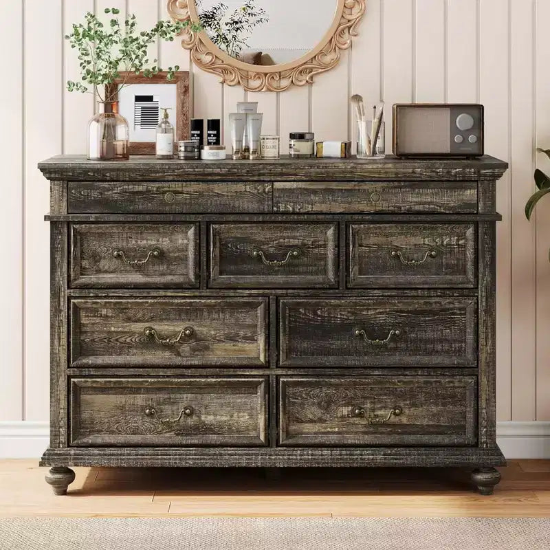 GustoWave Wooden Dresser, 9 Drawer Dresser with Large Storage Unit &amp; Vintage Metal Handles for Bedroom, Living Room, Entrance
